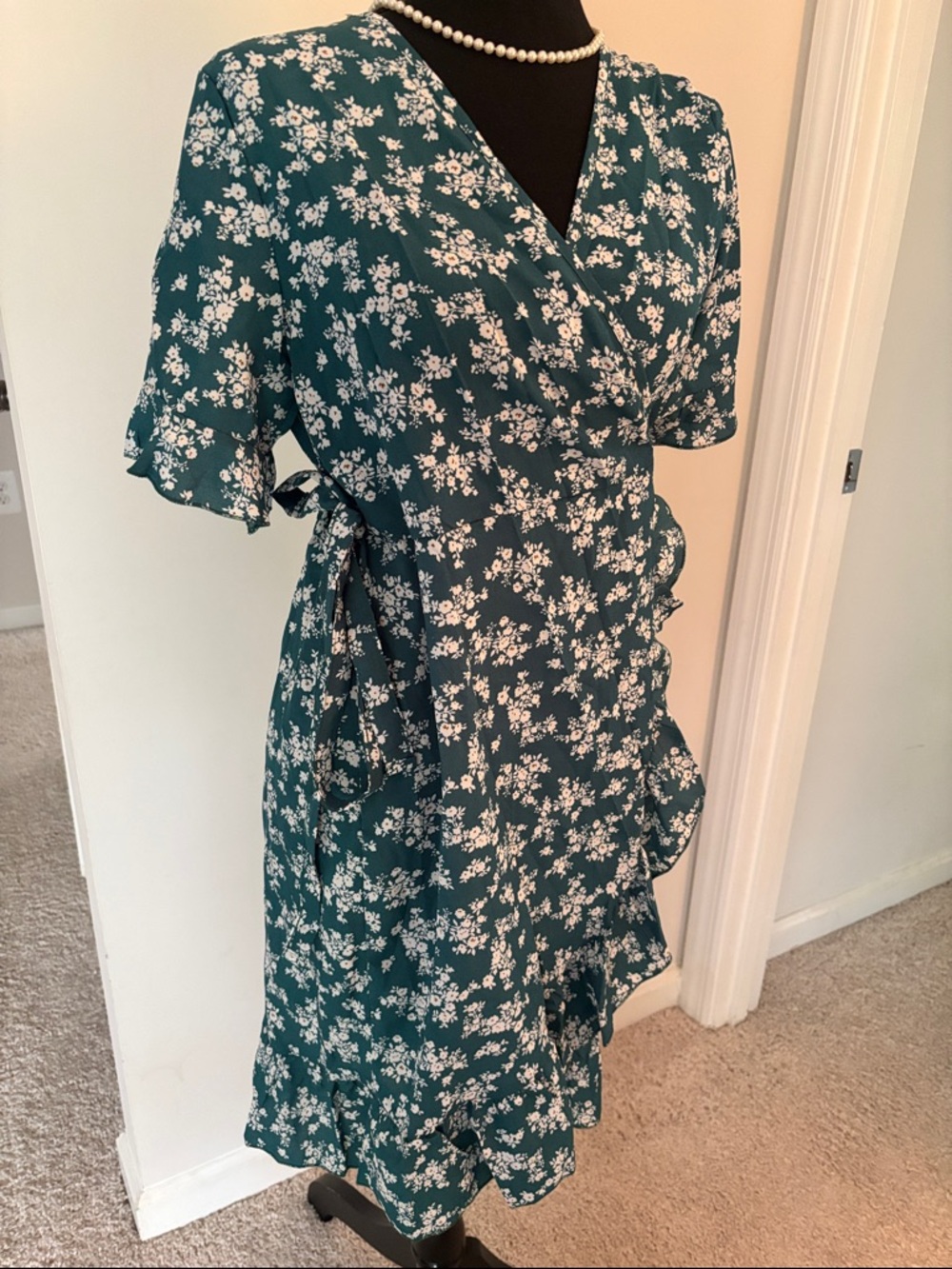 New Boutique Teal Floral Wrap Midi Dress – Elegant V-Neck Floral Dress